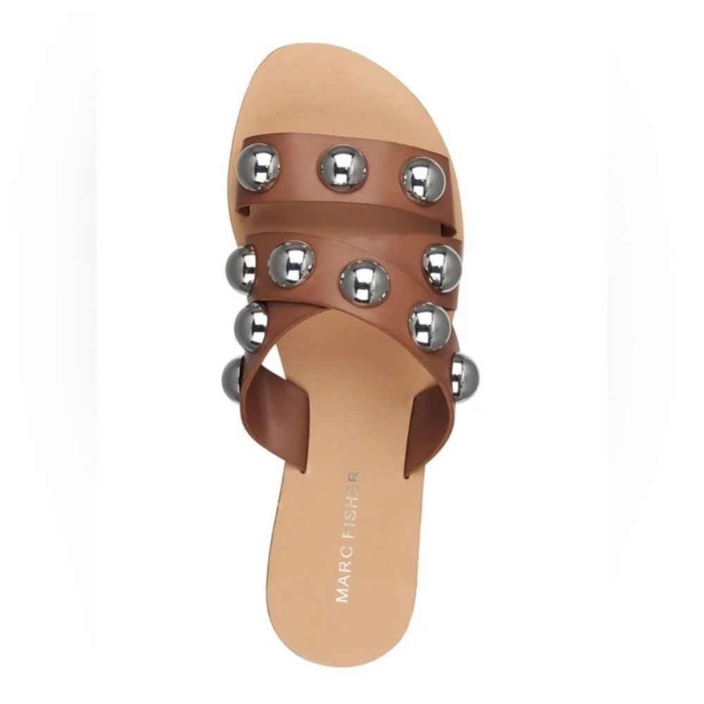 MARC FISHER Bryte Brown Straps with Silver Oversized Studs Slip On Sandal 9